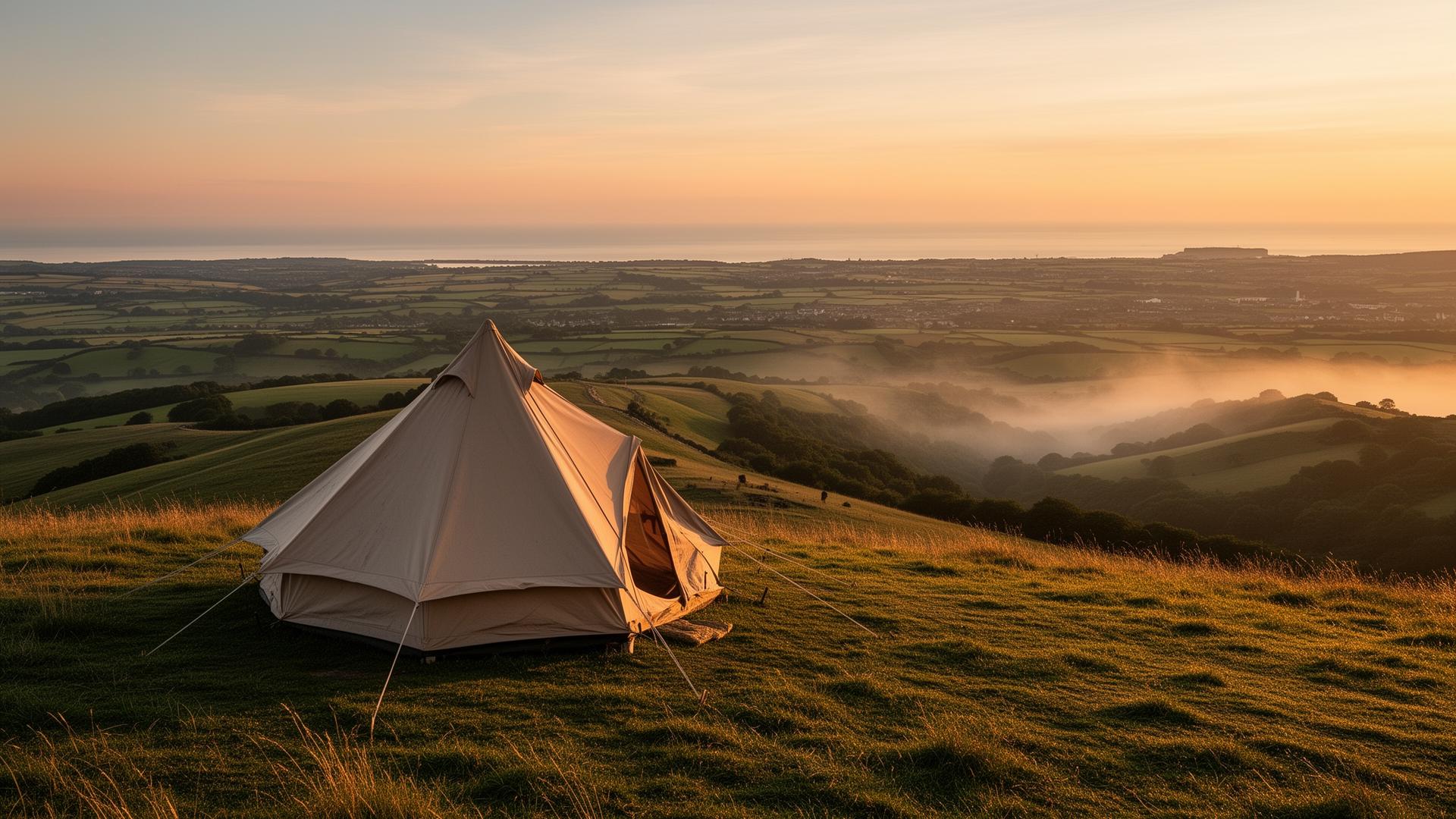 Bell tent at sunset on Loxton Hill overlooking the Somerset Levels